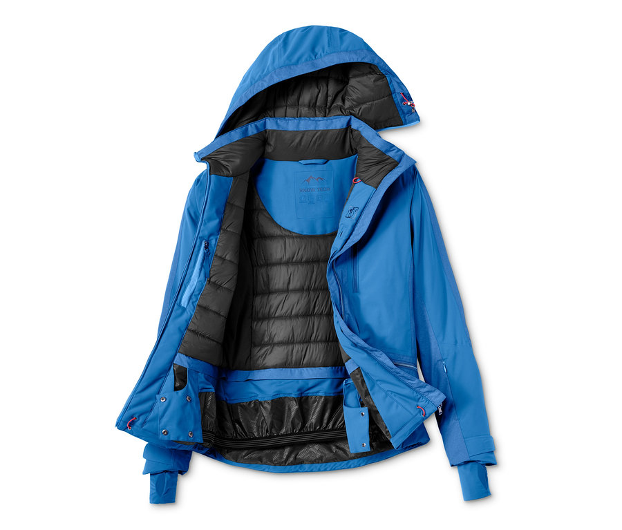 Geöffnete blaue Softshell-Skijacke mit schwarzem Innenfutter.