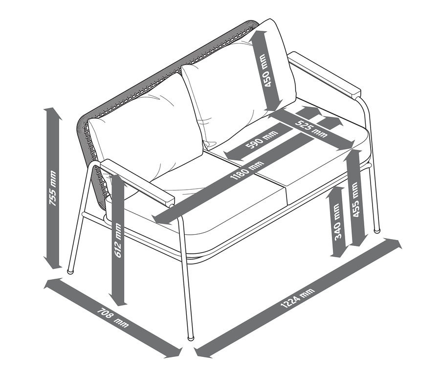 Abbildung eines Design-Gartensofa-Sets mit Maßangaben.