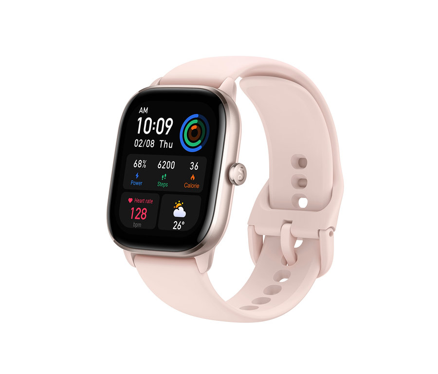 Nahaufnahme der Amazfit GTS 4 Mini-Smartwatch in Flamingo Pink. Das Display zeigt die Uhrzeit 10:09, das Datum 8. Februar und Aktivitätsinformationen an.