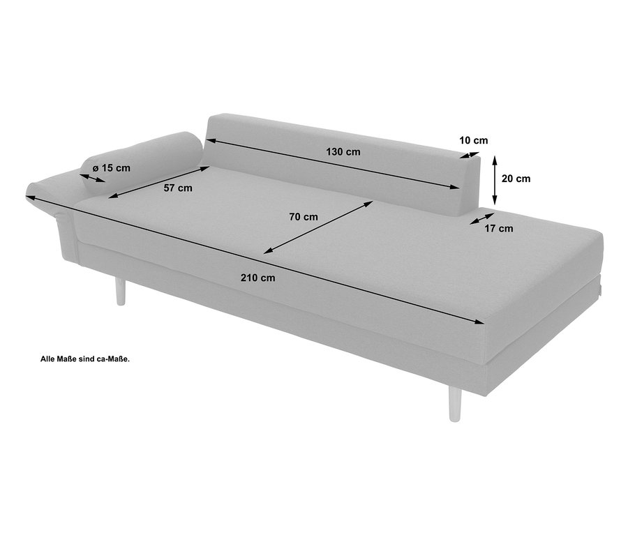 Beige Cord-Recamiere »Ivo«, links, mit Maßangaben.