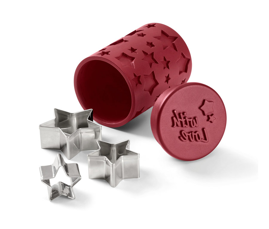 3-in-1-Kekstool mit Stern-Ausstechern und Teigrolle.