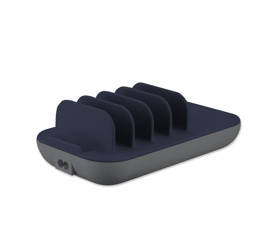 Blau-graue Dockingstation mit fünf Fächern für eine Multiport-Ladestation mit kabellosem Qi-Ladepad 63 W.