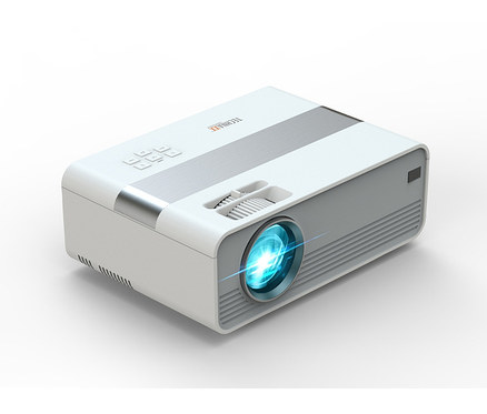 Weißer Mini-LED-HD-Beamer auf weißem Hintergrund.