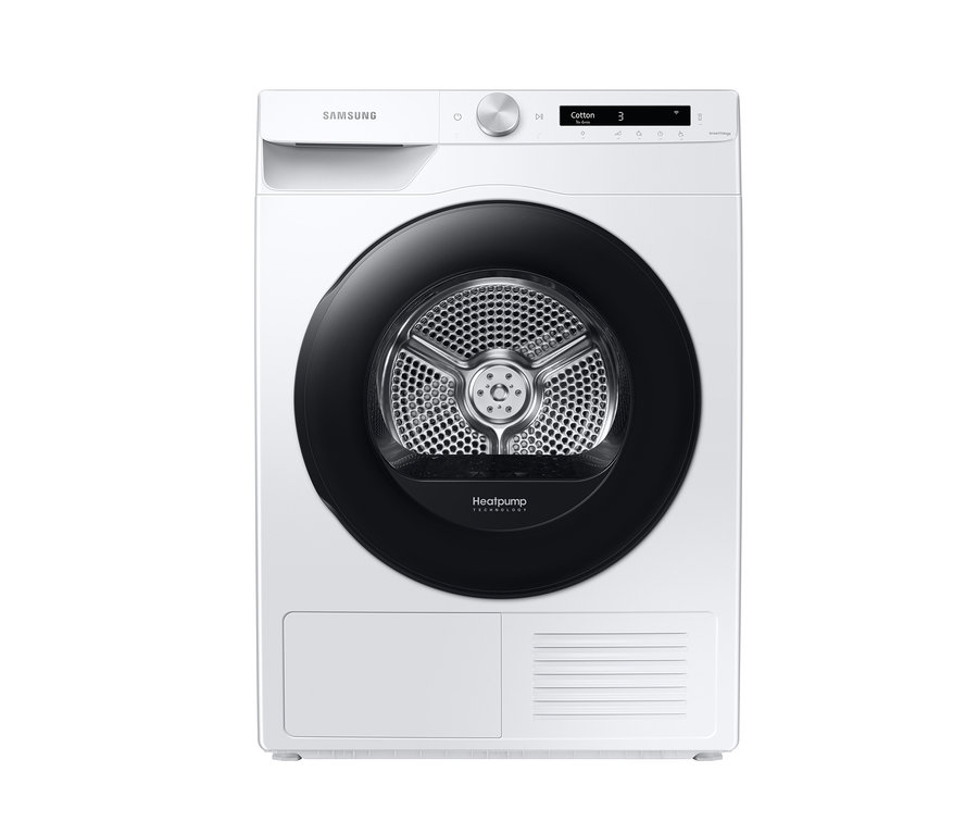 Weißer SAMSUNG DV90T5240AW/S2 Wärmepumpentrockner mit schwarzer Tür.