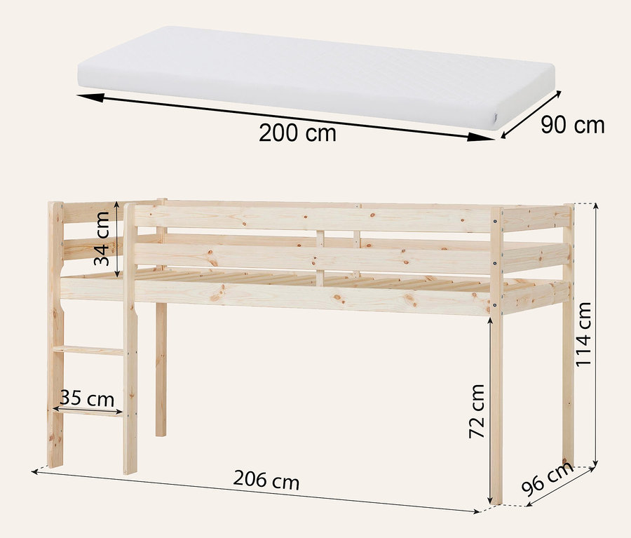 Illustration der Abmessungen von Hoppekids Hochbett »Comfort«, ca. 90 x 200 cm und Matratze.