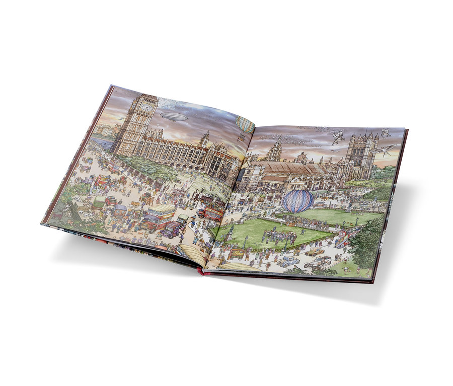 Aufgeschlagenes Buch »Micro Crimes – das Krimi-Suchbuch« mit Illustration einer Stadtansicht mit vielen Menschen, Autos und Gebäuden.