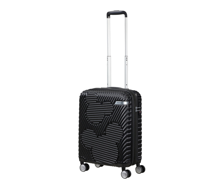 Schwarzer American Tourister »Mickey Clouds« Spinner mit silbernem Teleskopgriff.