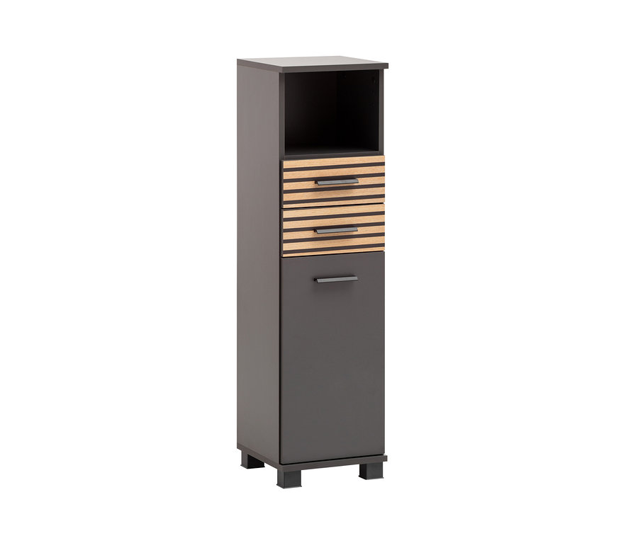Anthrazitfarbenes Highboard »Katta« mit 1 Tür und 2 Schubladen.