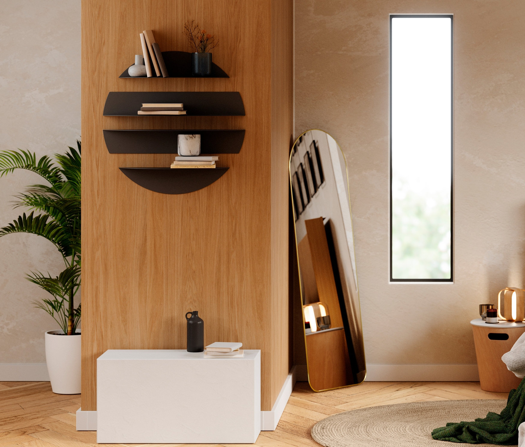 Schlafzimmer mit Holzvertäfelung, schwarzem Wandregal, Bilderrahmen und Spiegel.