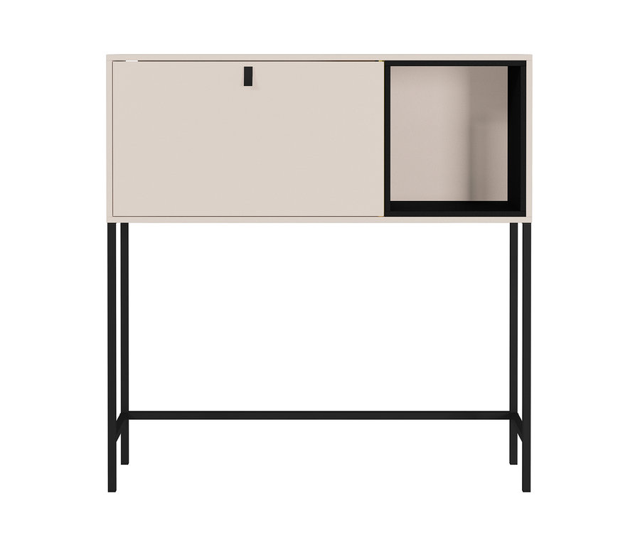 Ein Sekretär in Kaschmirfarbe mit einem Schrankfach und einem offenen Regal.