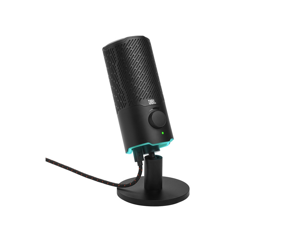 Schwarzes JBL Quantum Stream Mikrofon auf einem schwarzen Ständer mit Kabel.