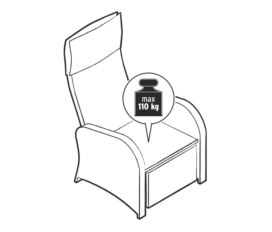 Zeichnung von einem Sessel-Set »Thore« mit ausklappbarer Fußlehne, das maximal 110 kg aushält.