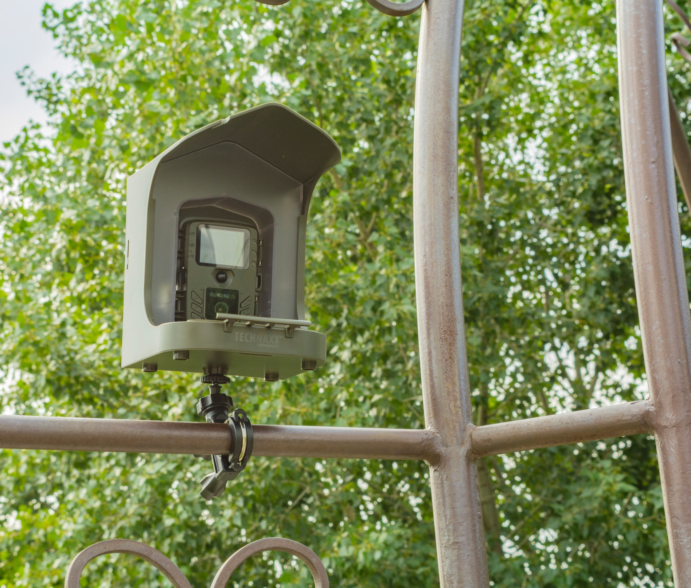 Eine Kamera mit grauem Gehäuse ist an einem Metallzaun befestigt. Im Hintergrund ist ein Baum zu sehen. Die Vogelkamera mit Futterbehälter ist am Zaun befestigt.