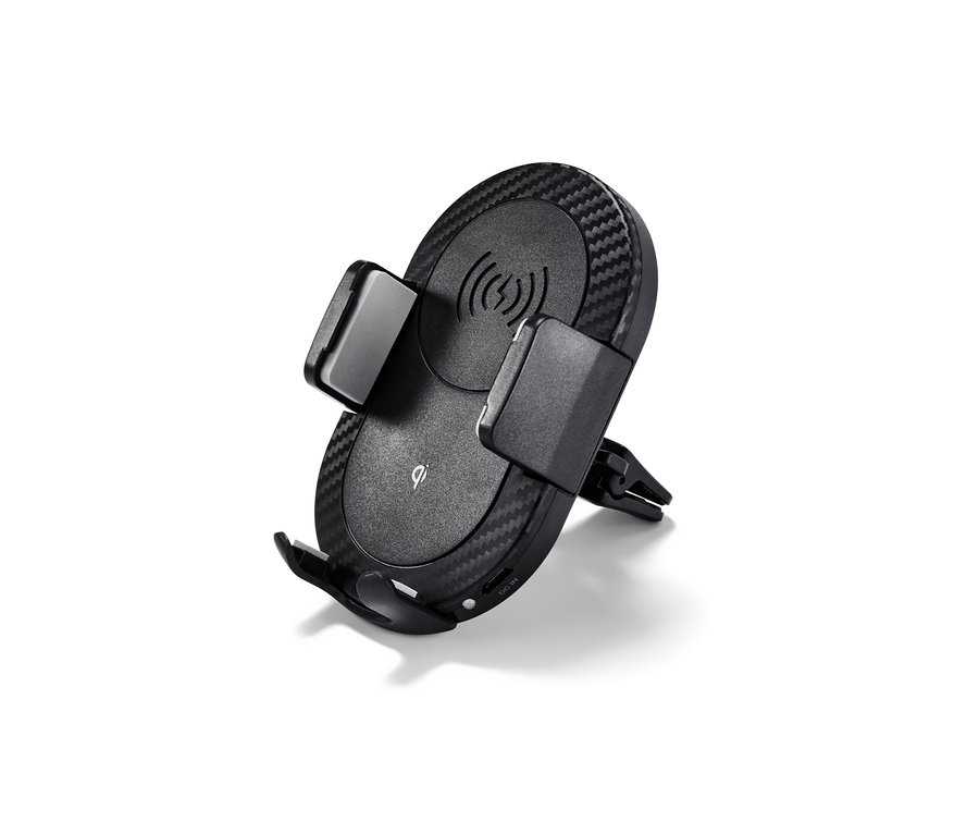 Schwarze Smartphone-Halterung mit Ladefunktion.