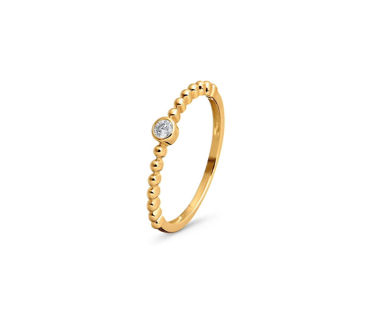 Detailansicht von goldenem Ring mit Kugeln und Zirkonia.