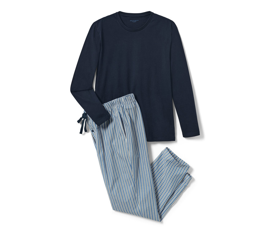 Marineblauer Pyjama mit gewebter Hose mit blau-weissen Streifen.