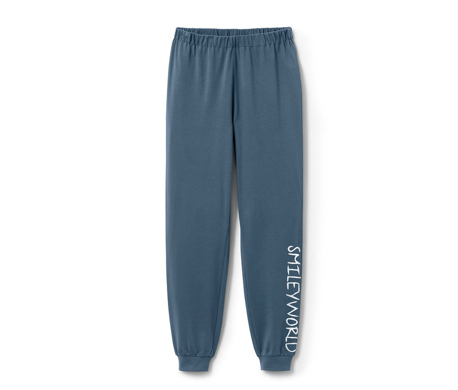 Blaue Kinder-Pyjamahose »Smiley« mit weißem SMILEYWORLD-Schriftzug am Bein.