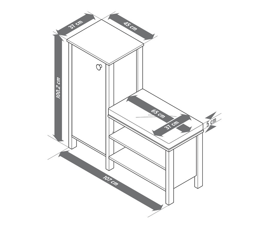 Abmessungen der Sitzbank mit Schuhschrank: 107 cm Länge, 100.2 cm Höhe des Schranks, 65 cm Länge der Sitzfläche.
