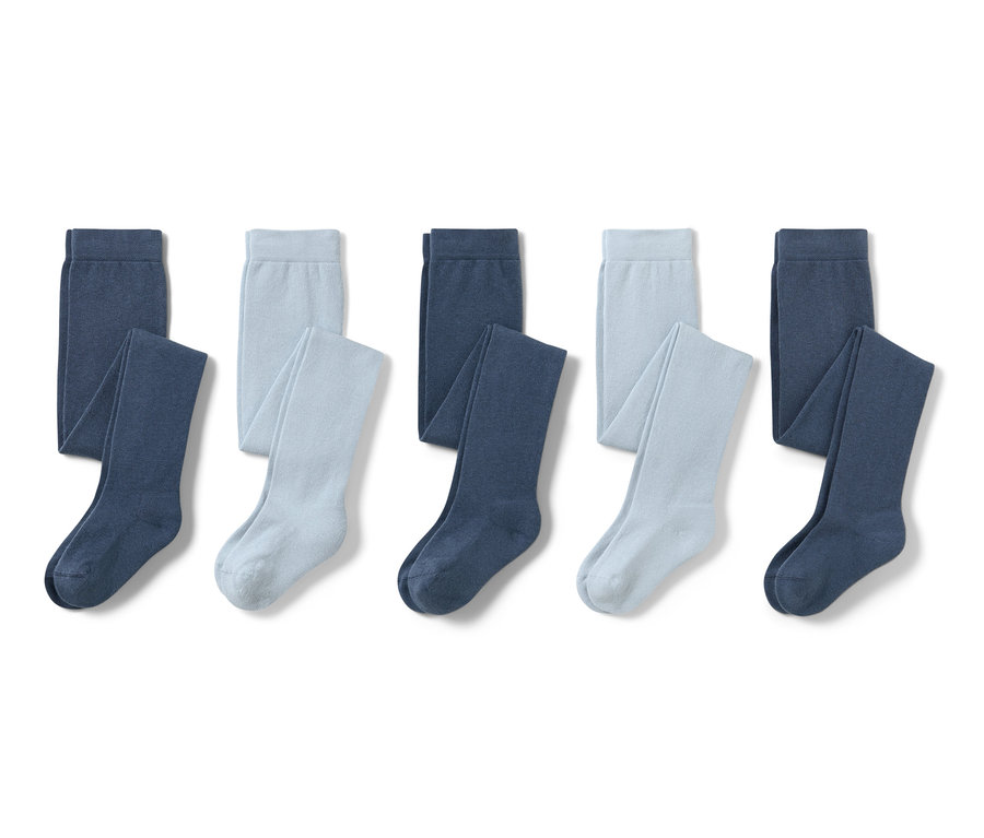 Fünf blaue Baumwollstrumpfhosen.
