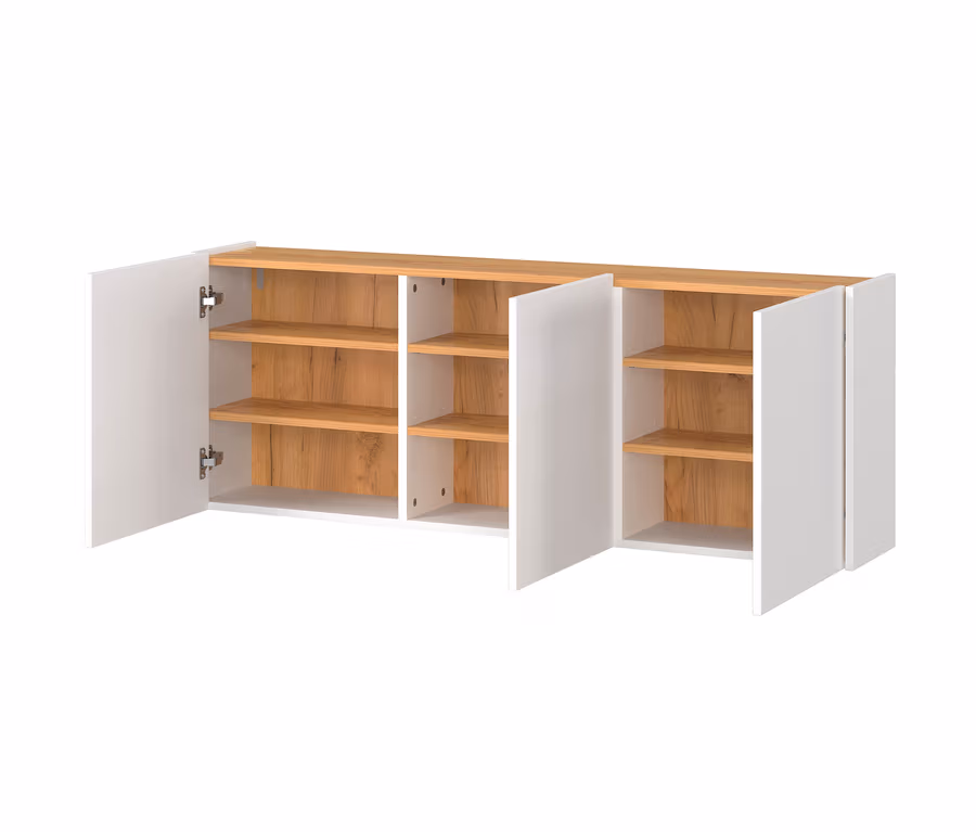 Geöffneter, weißer Mehrzweckschrank »Libbiano« mit Holzregalen.