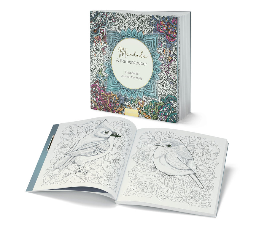 Das Buch "Mandala und Farbenzauber" ist auf einer Seite mit einer Vogelabbildung geöffnet.