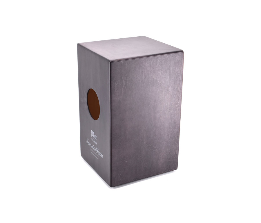 Grauer Voggenreiter VOLT Cool Cajon »Jamaica Rum« mit braunem Schallloch.