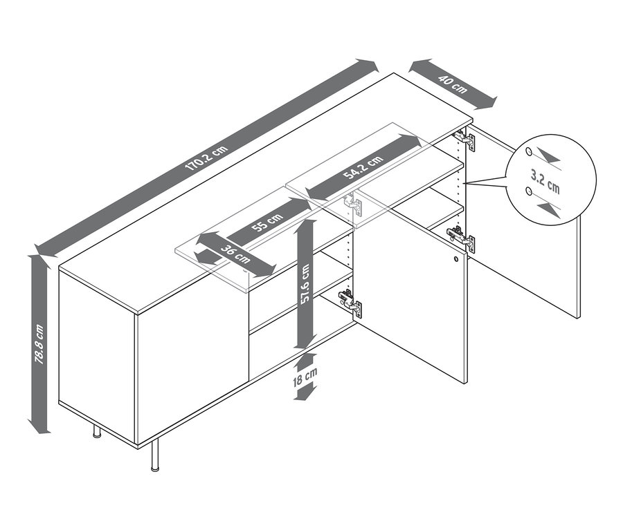 Abmessungen des Sideboards »Finnsbo«: 78,8 cm Höhe, 170,2 cm Breite, 40 cm Tiefe. Eine Tür ist geöffnet, das Innenleben ist sichtbar.