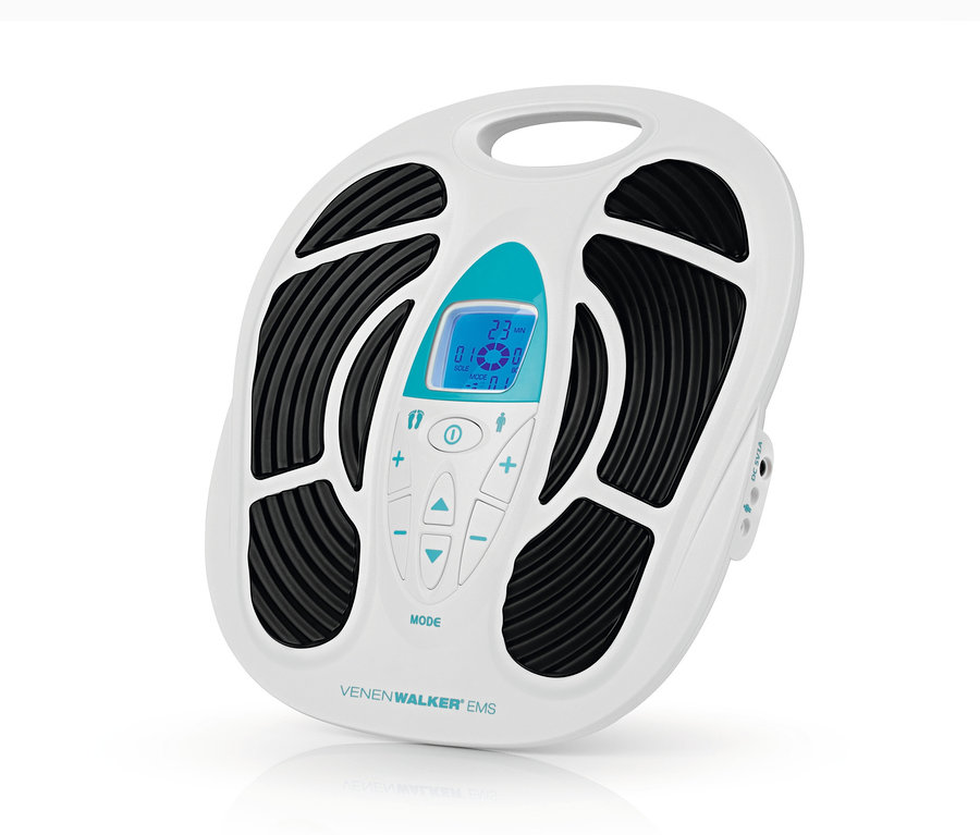 Weißer VenenWalker EMS-Durchblutungs-Stimulator mit schwarzen Einsätzen und blauem Digitaldisplay.