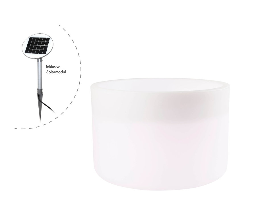 Ein weißer, zylindrischer 8 seasons design Solar-Topf mit einem Solarpanel im Hintergrund.