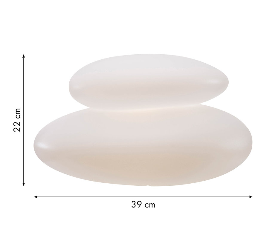 Eine weiße 8 seasons design Solar-Leuchte, 39 cm, in Form von zwei aufeinander gestapelten Steinen.