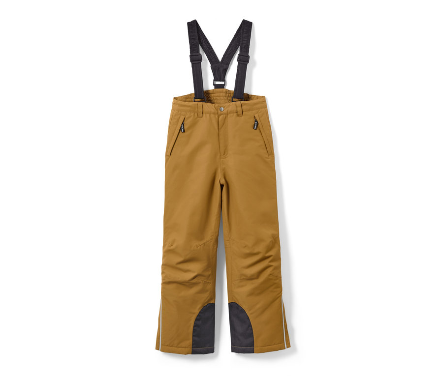Eine Kinder-Skihose in Camel mit schwarzen Hosenträgern und verstärkten Knien.