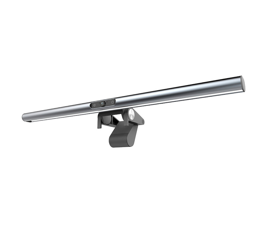 Silberfarbene 2-in-1-LightBar-Pro-Monitorlampe mit Full-HD-Webcam auf weißem Hintergrund.