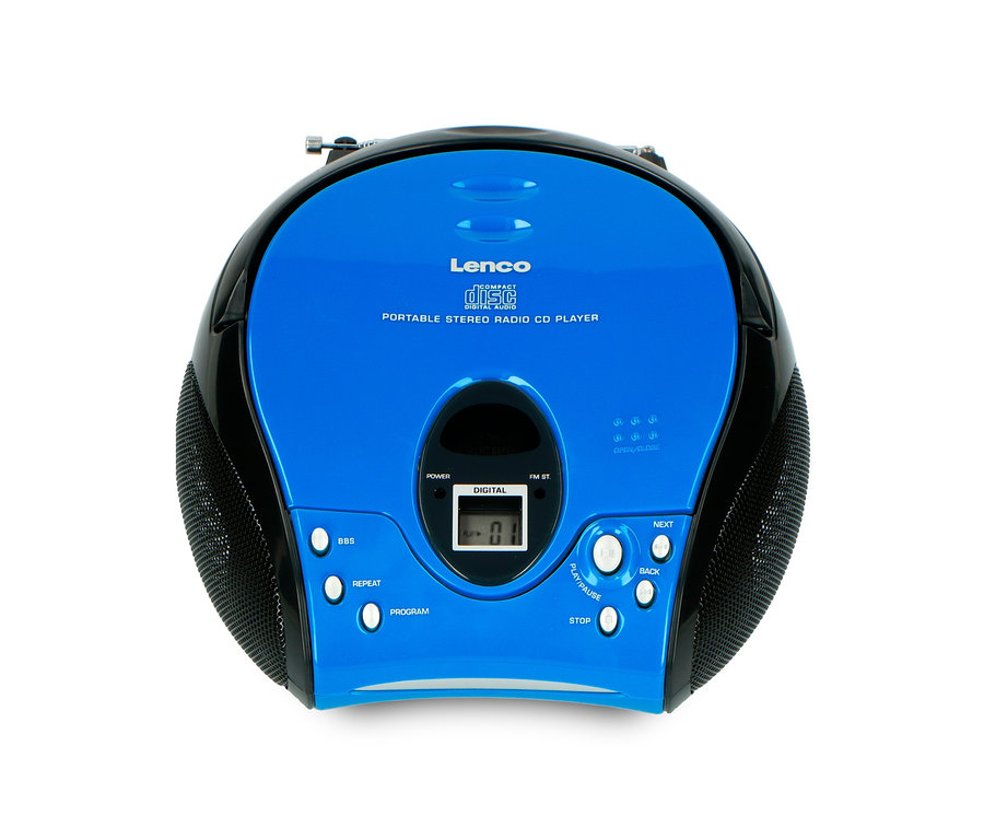Detailansicht des blauen Lenco »SCD-24 Boombox« CD-Players mit Radio und Kopfhöreranschluss.