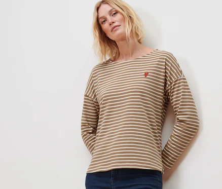 Frau trägt ein gestreiftes Langarmshirt und Jeans.