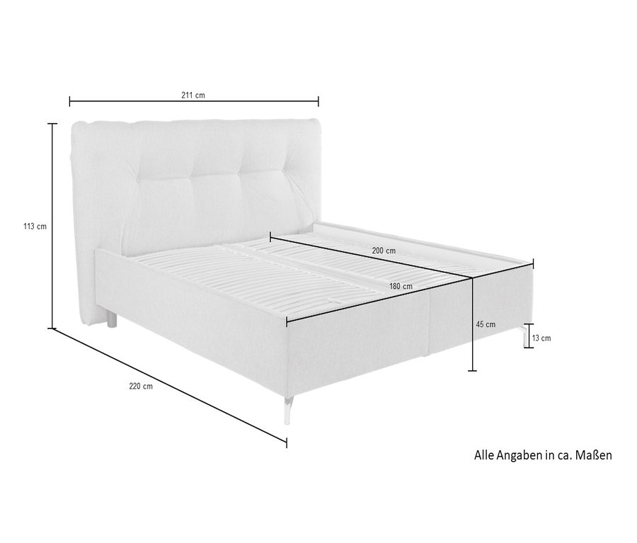 Maße des Polsterbettes Sonja: 211 cm x 220 cm, Kopfteilhöhe 113 cm, Liegefläche 180 cm x 200 cm, Rahmenhöhe 45 cm, Füße 13 cm.