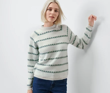 Frau trägt einen Strickpullover mit blauem Muster.