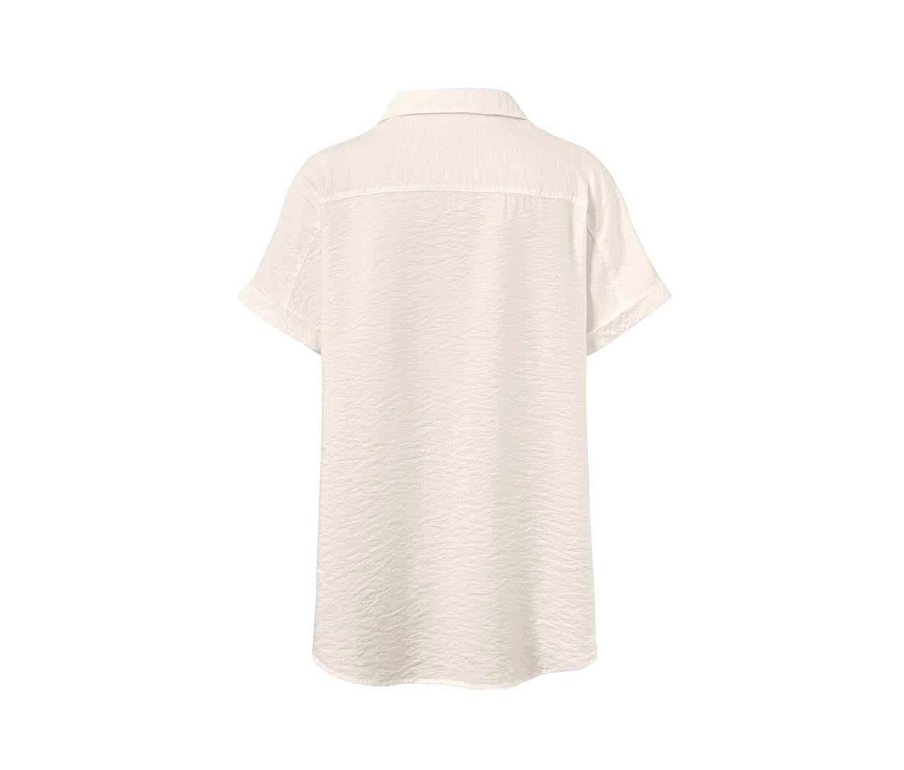 Rückansicht einer cremefarbenen Bluse mit kurzen Ärmeln.