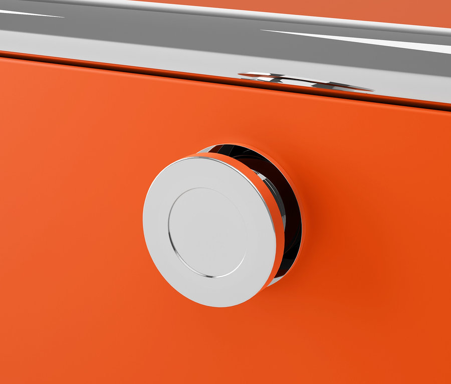 Detailaufnahme eines orangefarbenen Sideboards Metall »CN3« mit 4 Klappenfächern und rundem, silbernem Griff.