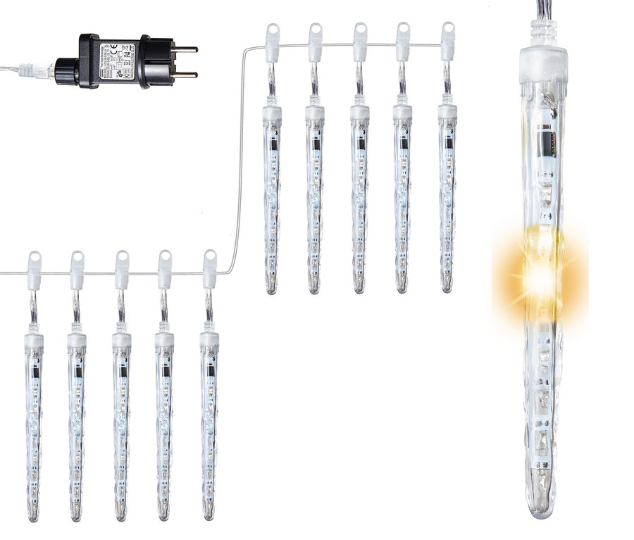 Anordnung von LED-Leuchten in Eiszapfenform, in zwei Reihen angeordnet. Die Leuchten sind an einem weißen Kabel befestigt und werden mit einem schwarzen Stecker betrieben. AMARE LED-Lichterkette »Eiszapfen«, 3,6 m