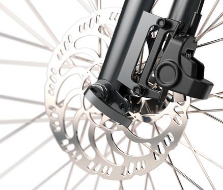 Detailaufnahme der Vorderradbremse eines SHARP Hybrid E-Bikes.