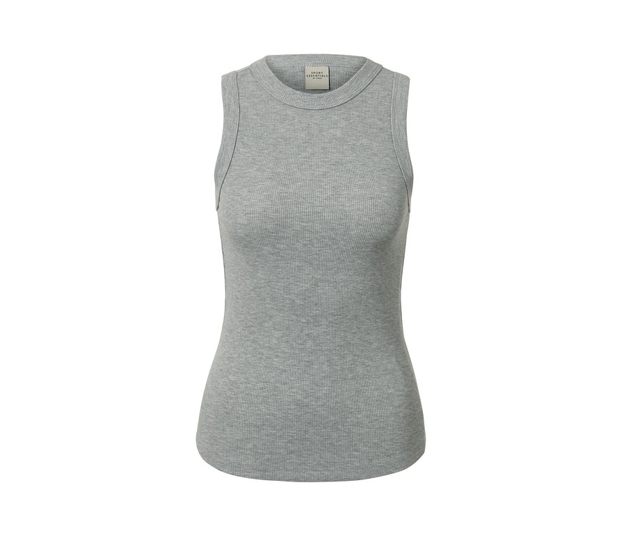 Nahaufnahme eines hellgrau melierten Sporttops.