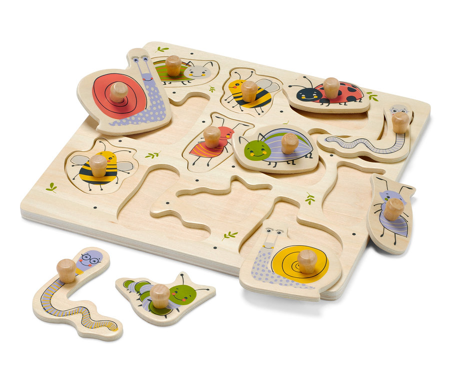 Holz-Steckpuzzle mit Insekten- und Tiermotiven.