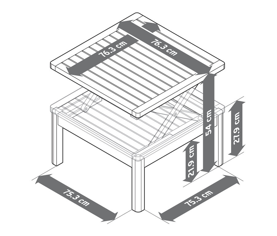 Eine schematische Darstellung des Couchtischs »Lenja« mit höhenverstellbarer Tischplatte zeigt die Abmessungen.