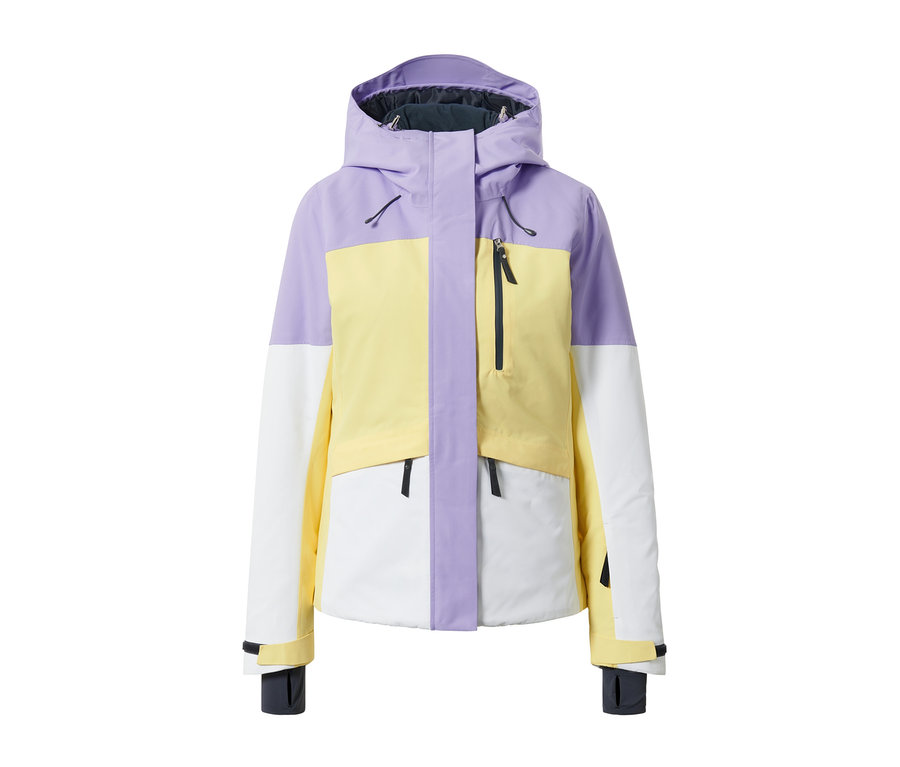 Lila-gelb-weiße Skijacke.