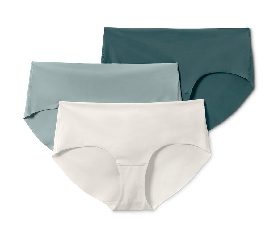 Drei Magic-Cut-Pantys in Weiß, Blaugrün und Grün.