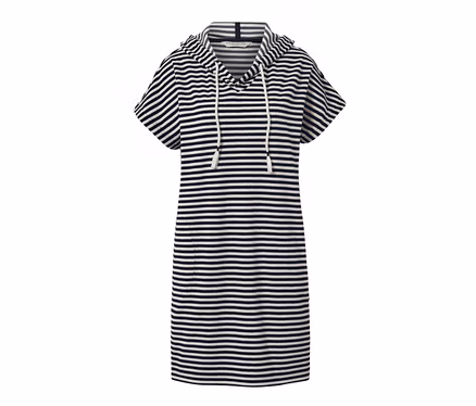 Blau-weiß gestreiftes Frottee-Strandkleid mit Kapuze und kurzen Ärmeln.