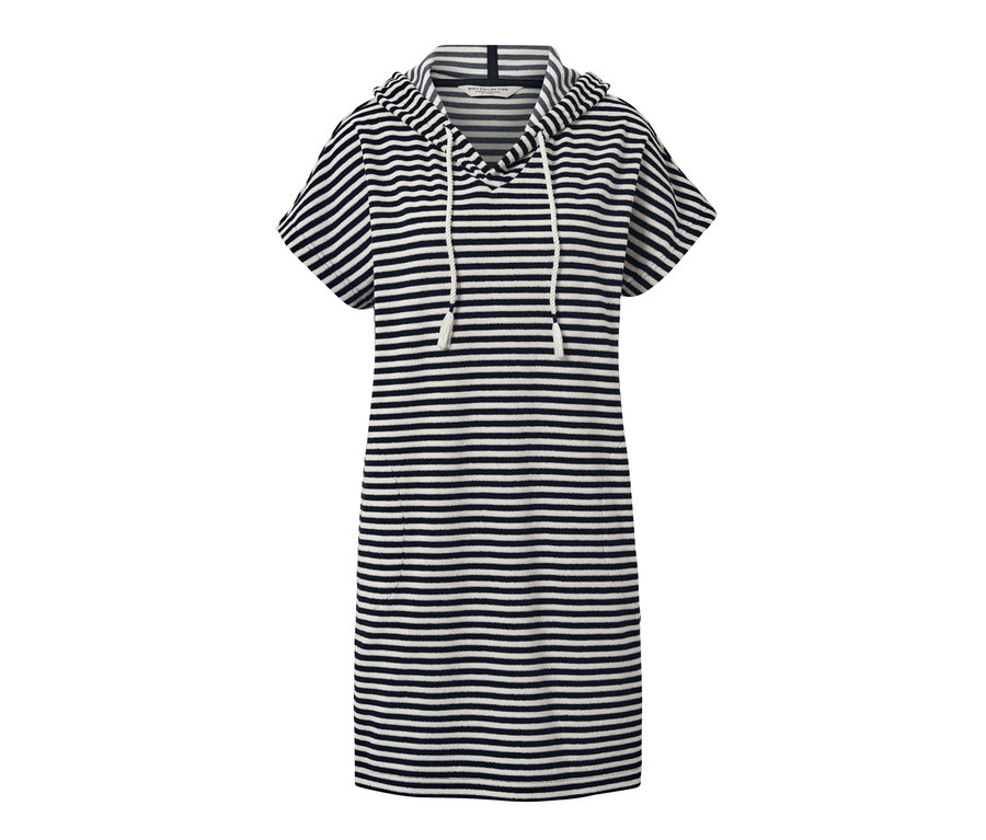 Blau-weiß gestreiftes Frottee-Strandkleid mit Kapuze und kurzen Ärmeln.