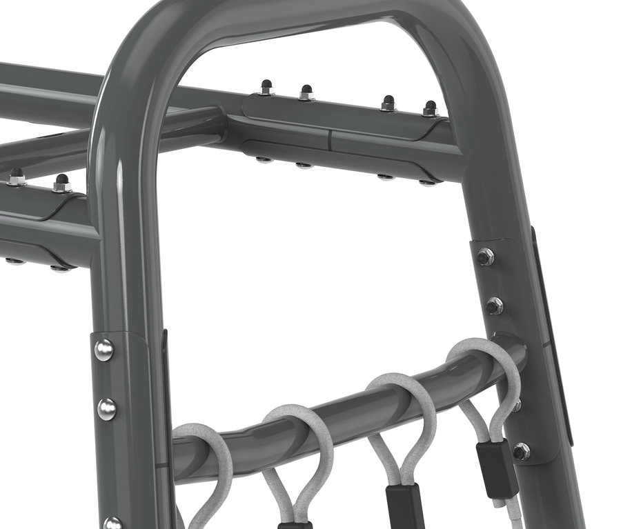 Detailansicht des grauen Metallrahmens des EXIT Klettergerüsts MB210 mit Seilnetz.