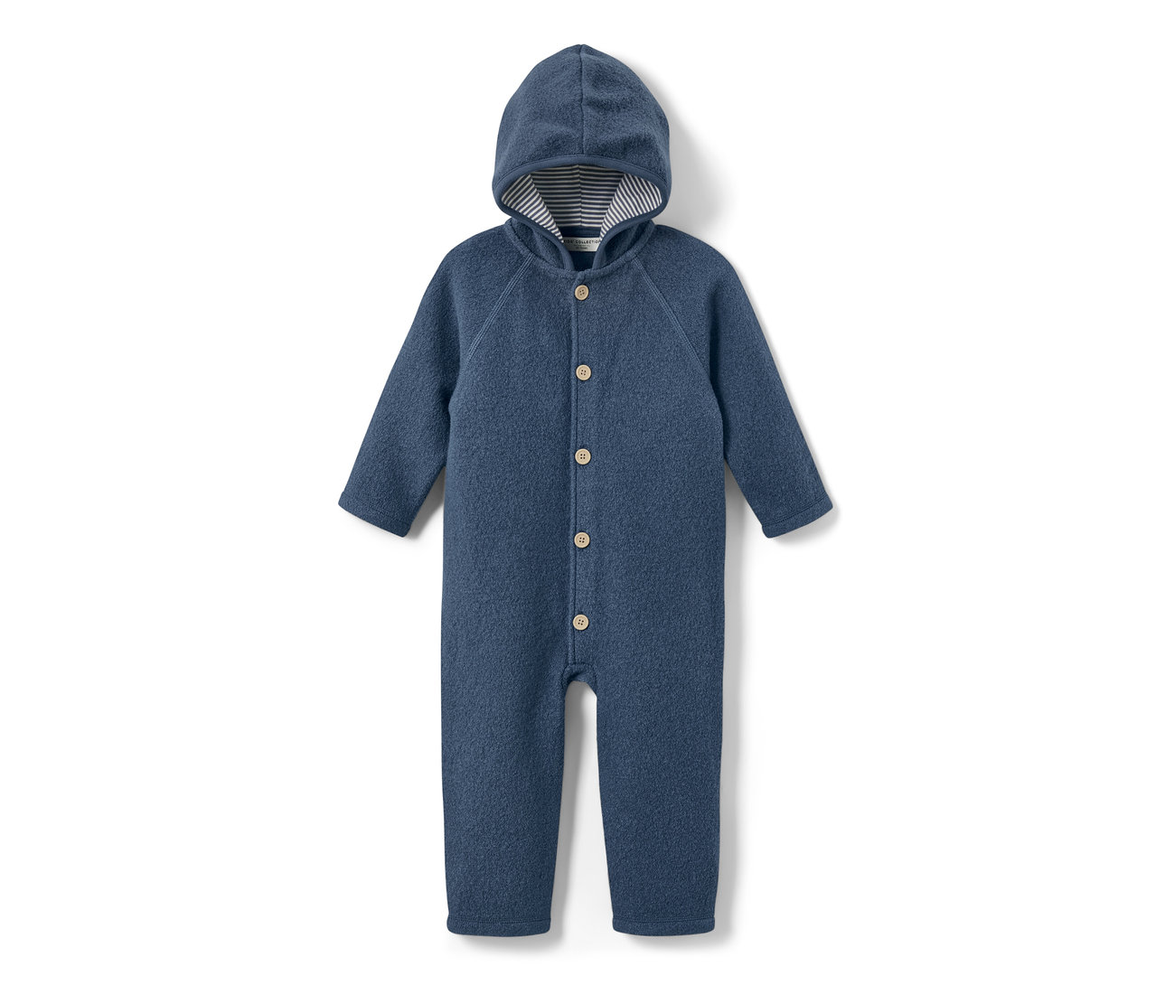 Blauer Baby-Walkoverall mit Merinowolle, Kapuze und Knöpfen.