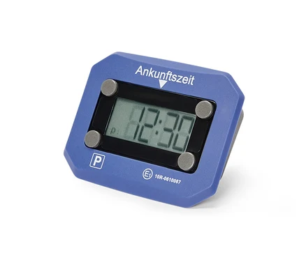 Eine blaue elektronische Parkscheibe 'Elektronische Parkscheibe' zeigt die Ankunftszeit 12:30.